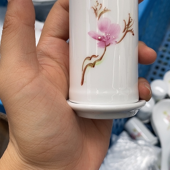 摆件手绘水点桃花牙签筒