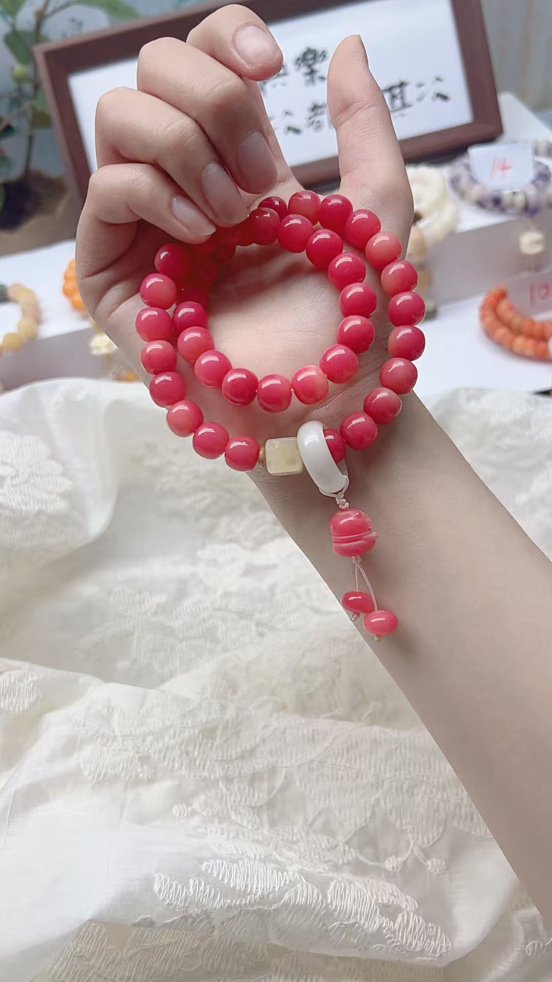 021杨梅飘花苹果珠双圈菩提手串