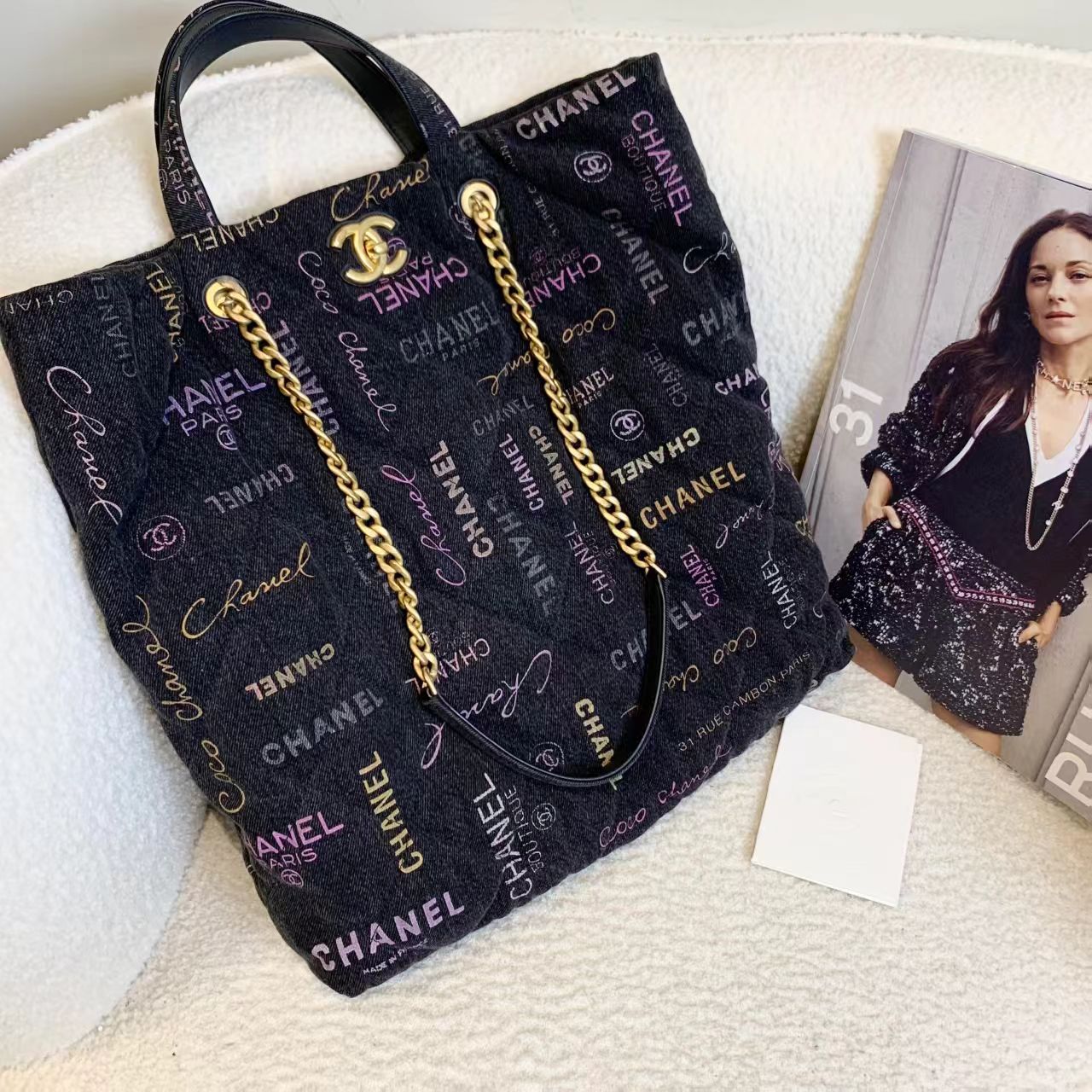 99新 Chanel/香奈儿 壹臻/22P黑色涂鸦牛仔tote /90573169