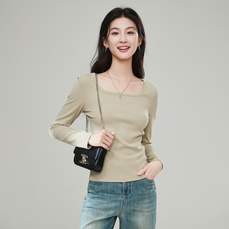 逸阳U领暗黑风纯色T恤女2025秋款简约百搭修身显瘦打底长袖上衣