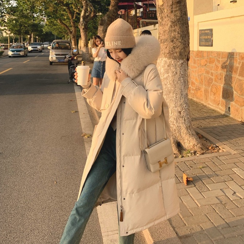 2025年新款韩版羽绒服女中长款大毛领加厚冬风衣款时尚宽松外套