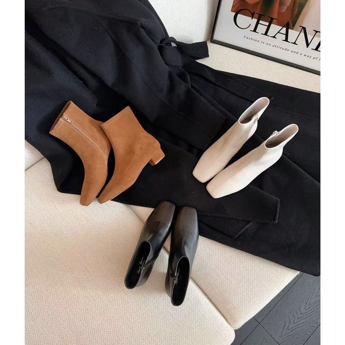 秋冬极简质感~棕色真皮粗跟短靴女 低跟方头瘦瘦靴