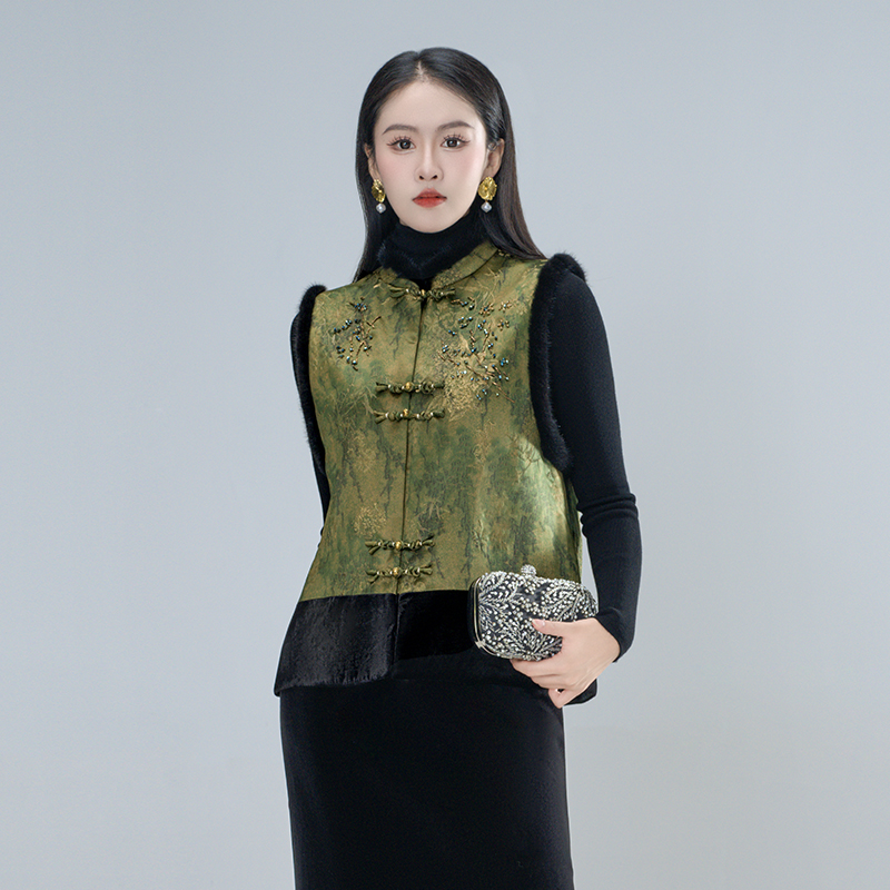 【绿影】秋冬新中式水貂毛重工串珠提花显瘦驼绒马甲61031