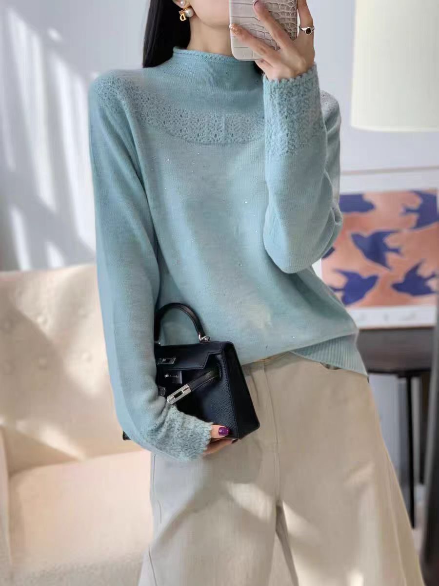 【满天星-蓝】烫砖半高领毛衣冬季款洋气百搭纯色毛衣针织衫女打