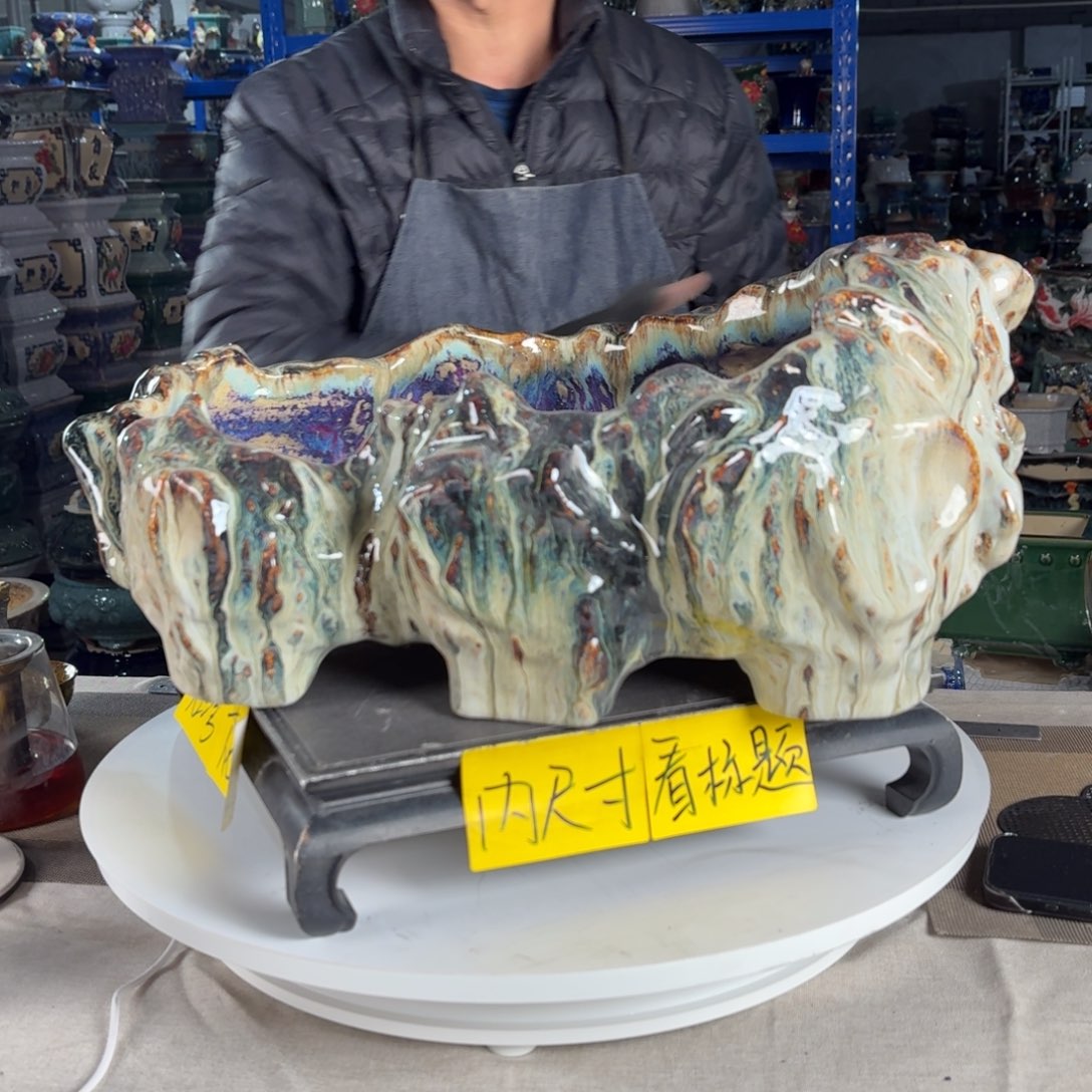 灰***仙一风堂石湾花盆 内40*27*12无孔 底部釉裂