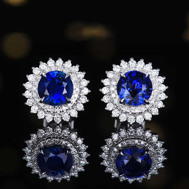 主石2.14克拉 18K金 天然斯里兰卡蓝宝石耳钉