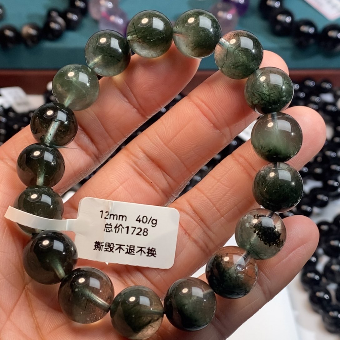 水晶手串未镶嵌绿发晶聚宝盆12mm全透体