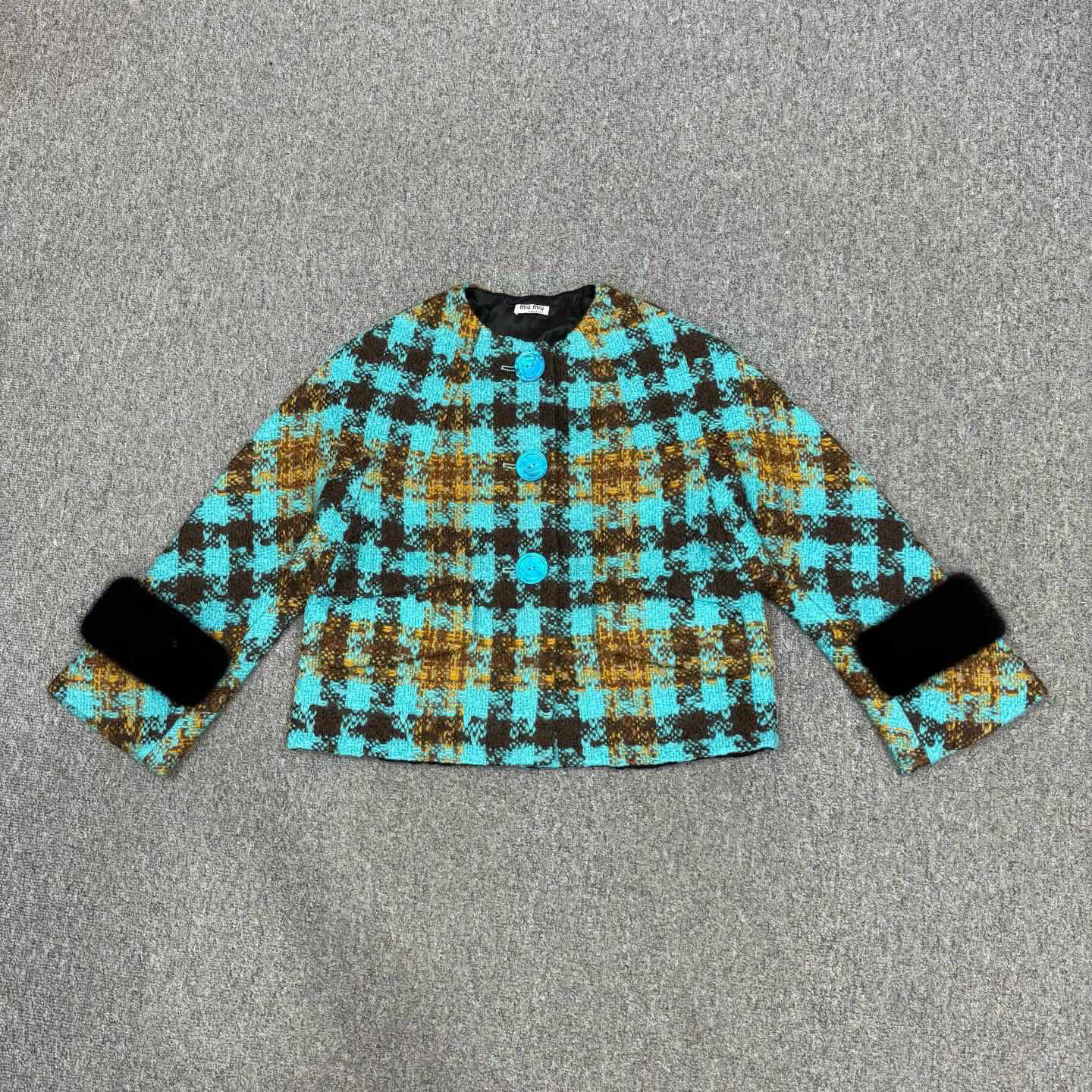 99新 MIU MIU/缪缪 16242624 nz 蓝绿色格纹羊毛外套 40码99新