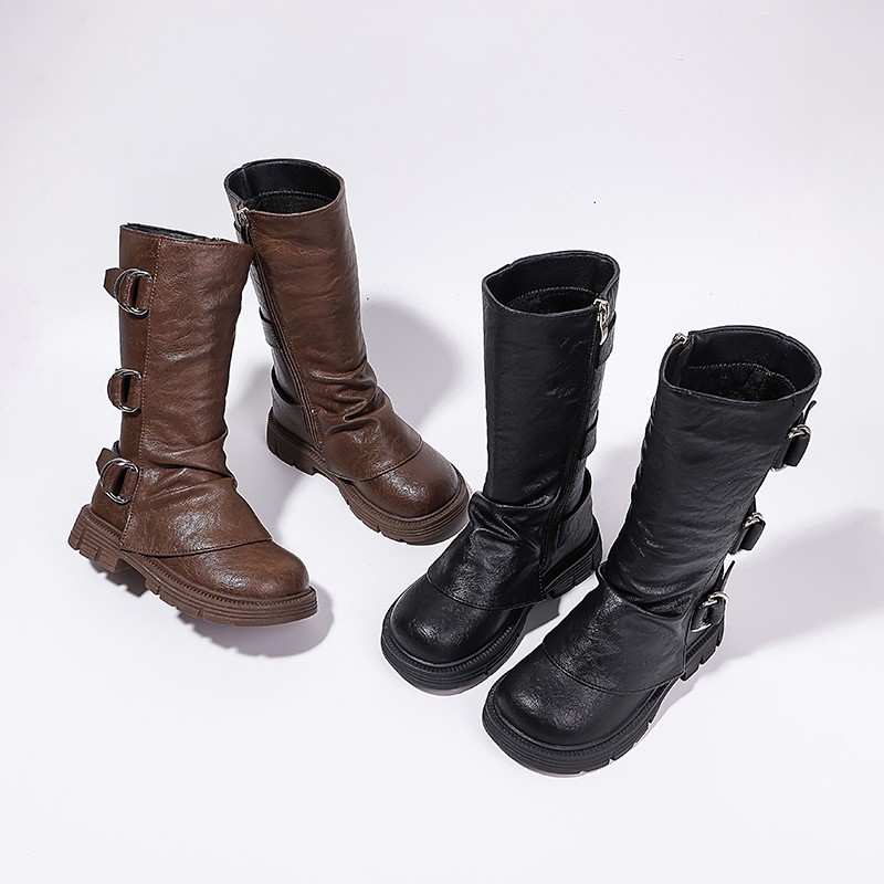 踏步兔女童长筒靴儿童高筒美拉德靴子复古堆堆靴洋气小女孩马丁靴