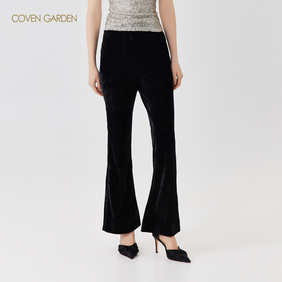 【达人专属】哥文花园黑色修身弹力丝绒微喇叭裤女CLC1061068