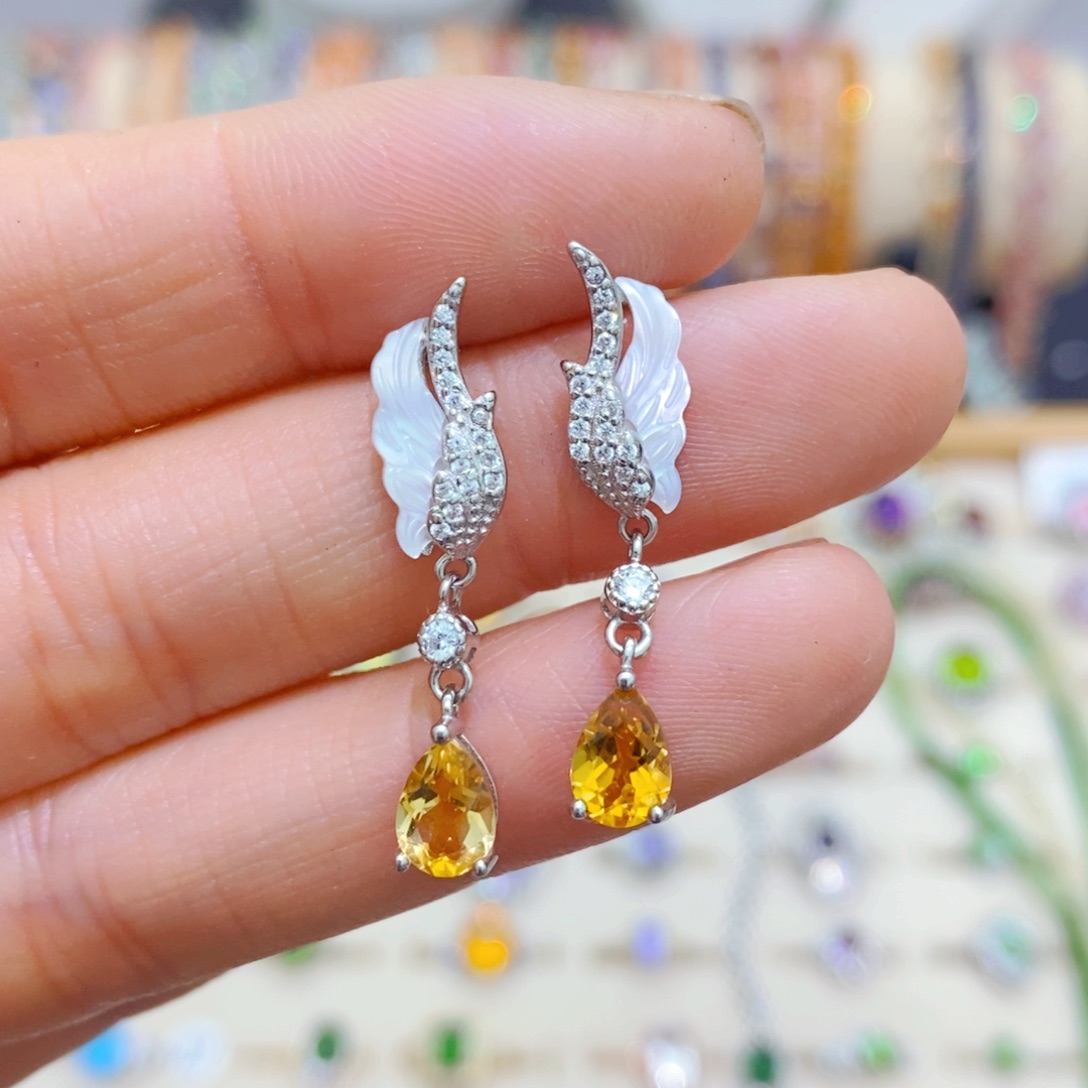 黄晶耳饰银S925镶嵌耳饰