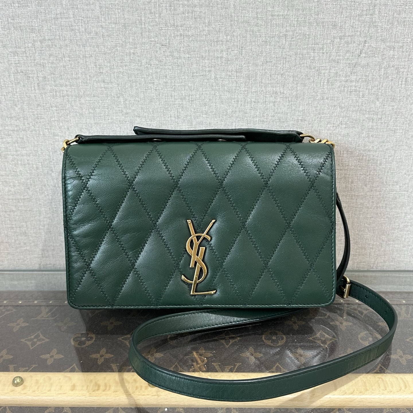 95新 YSL/圣罗兰 绿色金扣菱格纹风琴单肩斜挎包 11041