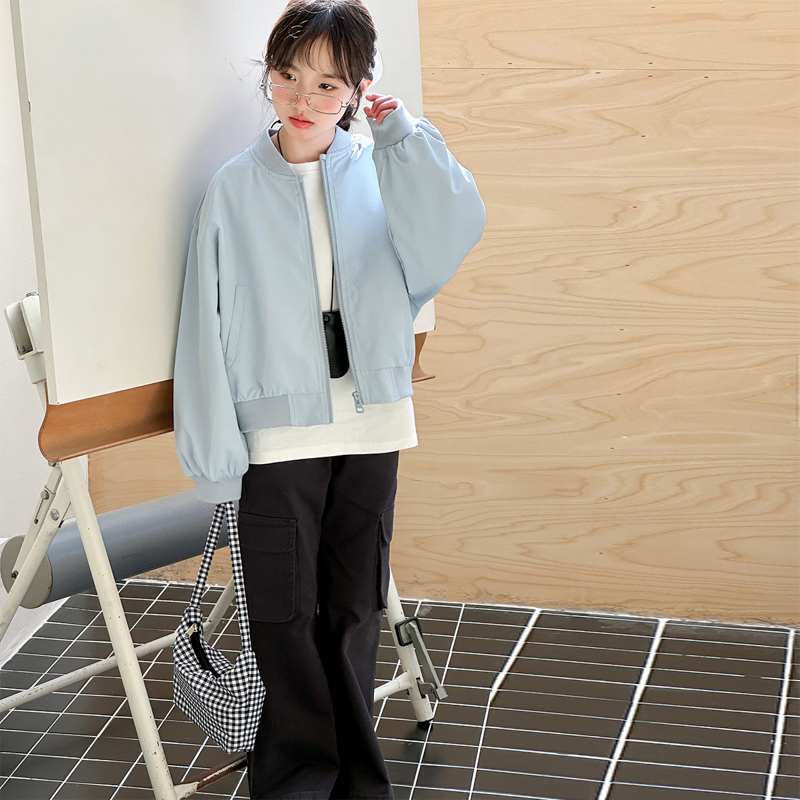 2025新款女童棒球服夹克纯色拉链外套短款轻奢公主风春秋休闲宽松