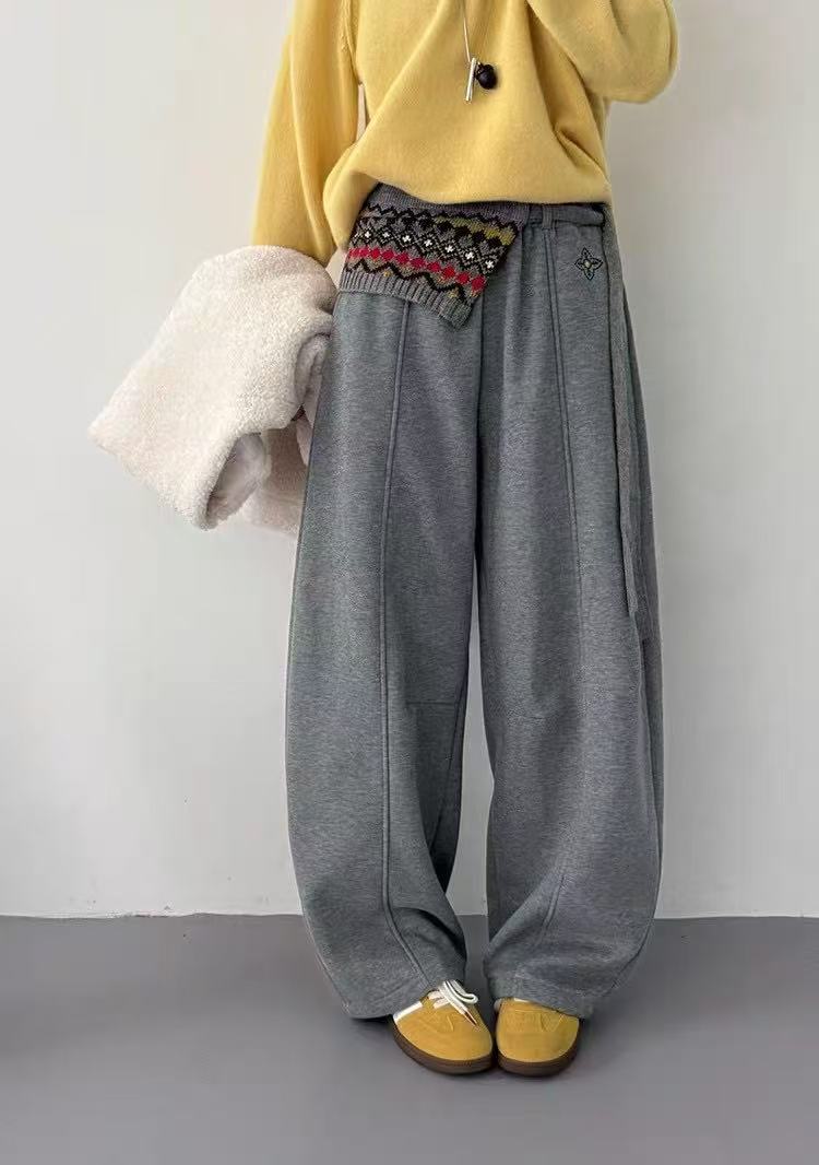 灰色设计感针织腰带加绒弯刀裤女2025秋冬新款时尚百搭休闲阔腿裤