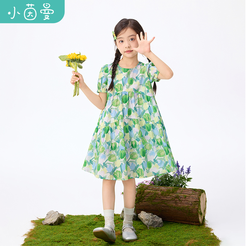 小茵曼女童泡泡袖连衣裙25秋季时尚数码印花透气长裙子GF3852419