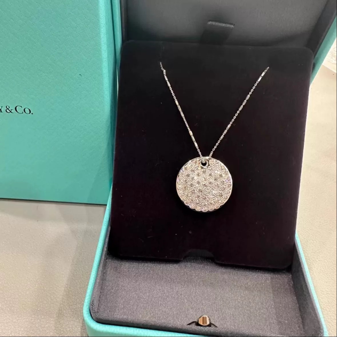 99新 Tiffany & Co./蒂芙尼 小花6珊白金满钻圆饼项链19.7g签名款