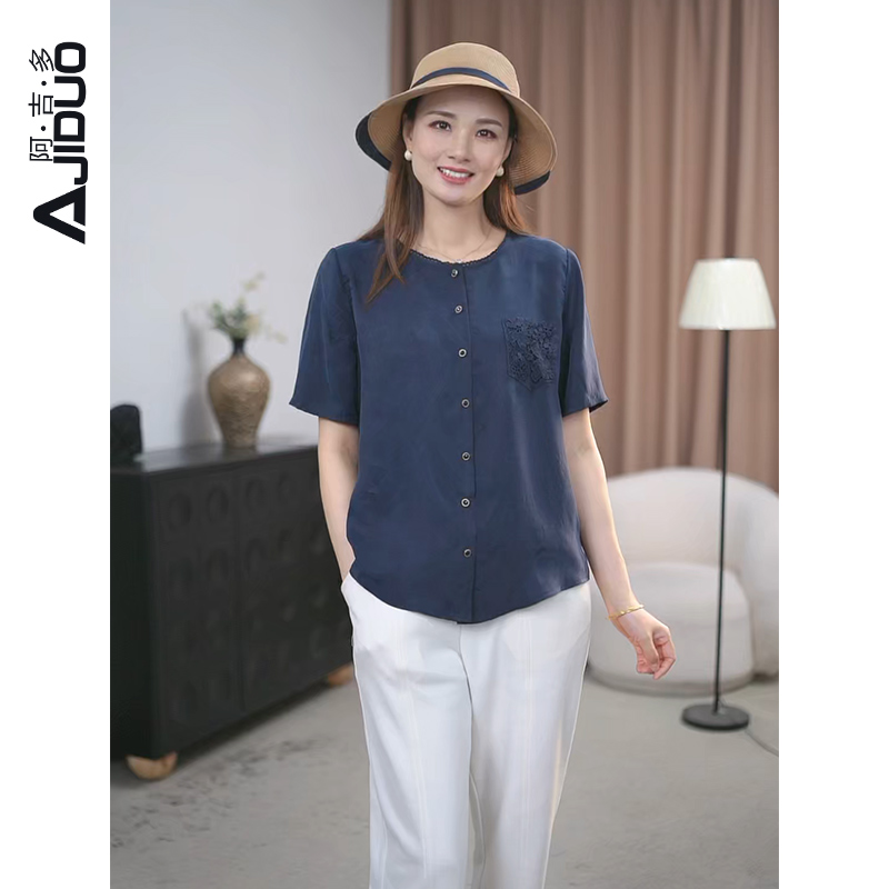 阿吉多A21803铜氨丝短袖衬衫女夏季新款文艺气质妈妈衬衣大码上衣
