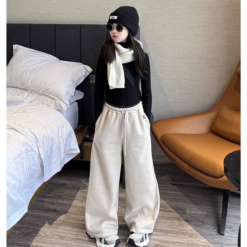 女童糯米绒阔腿裤2025新款儿童加厚保暖卫裤大童冬款休闲加绒裤子