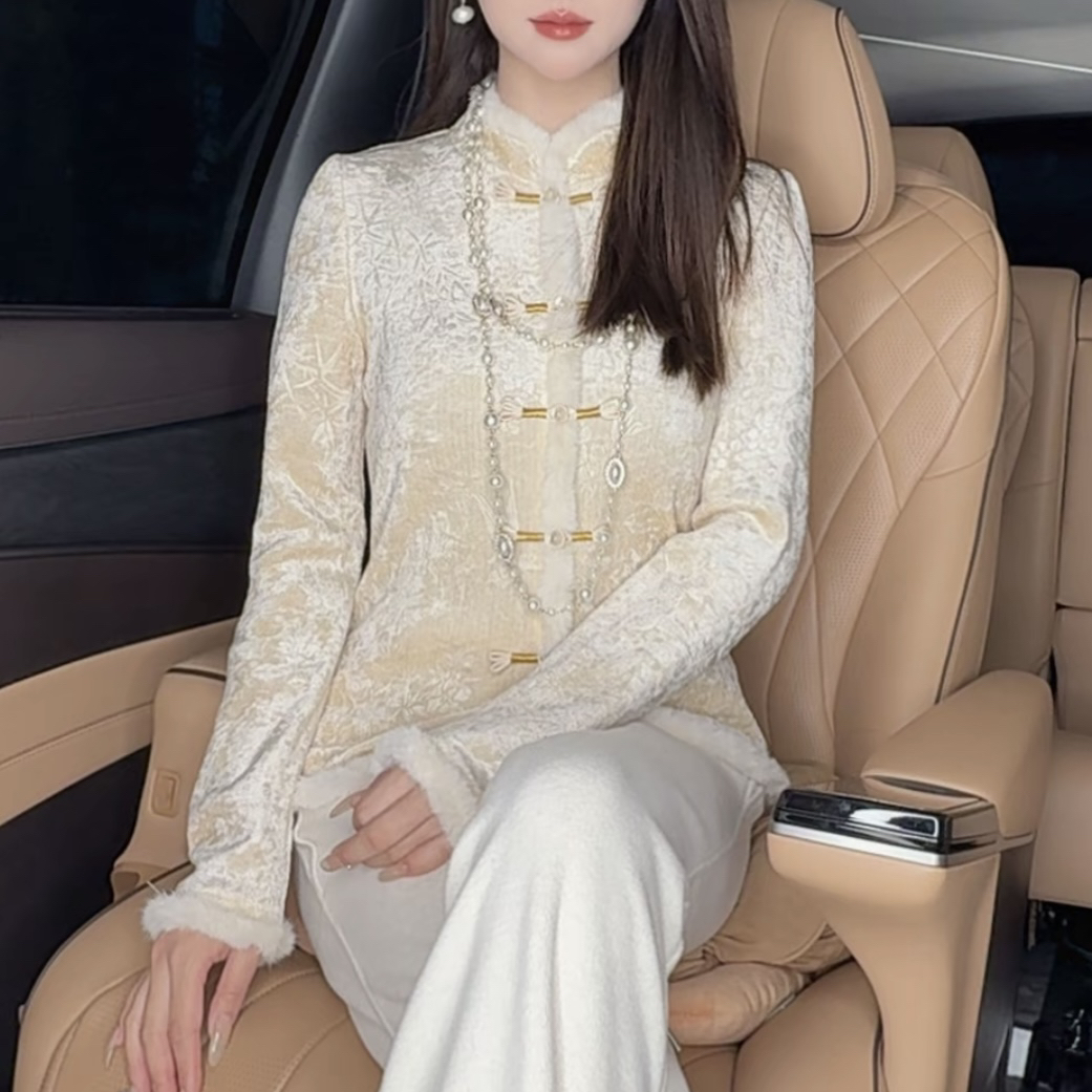 加绒加厚新中式2025秋冬新款重工盘扣拼接百搭国风打底上衣