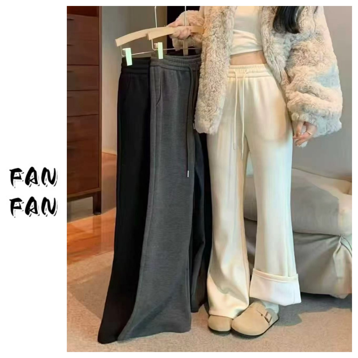 FANFAN 【微喇一体绒】松紧腰休闲裤