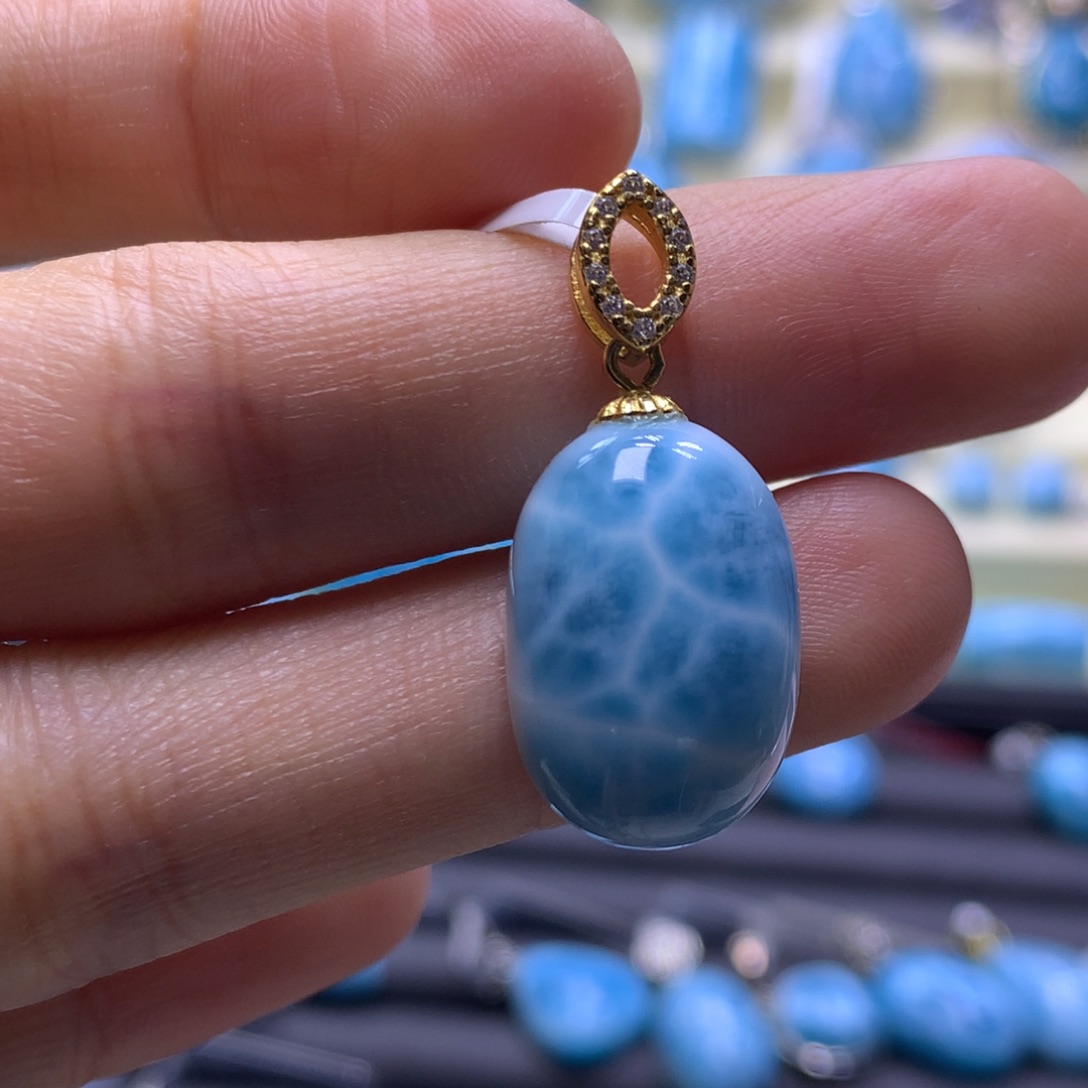 针钠钙石（海纹石）银S925镶嵌吊坠(不含链)蛋面吊坠色差略异