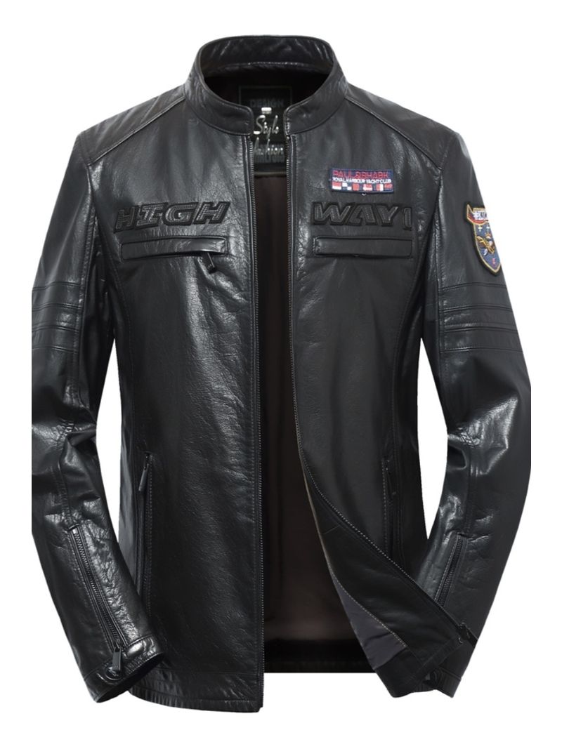 春秋头层油蜡牛皮刺绣立领机车风真皮皮衣