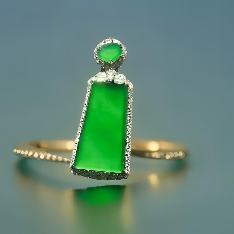 天然A货翡翠18K金镶嵌高冰玻璃阳绿长条无事牌 裸石21.9*12.8*3.1