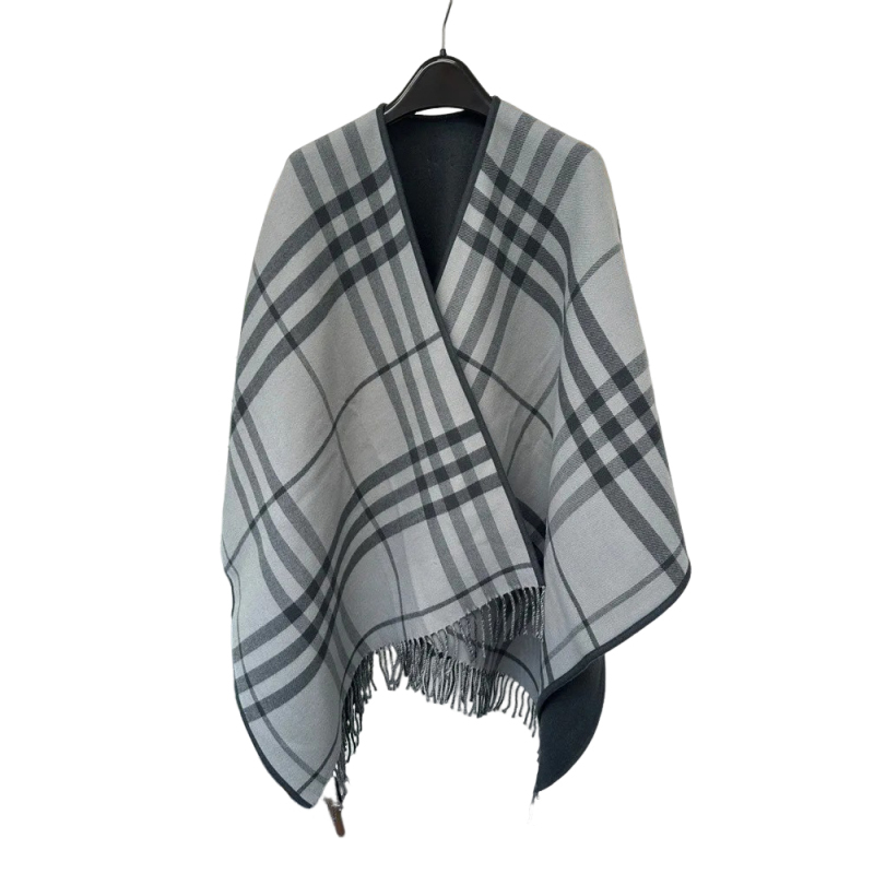 【中秋好礼】Burberry/博柏利 女士灰色绵羊毛大格纹双面披肩