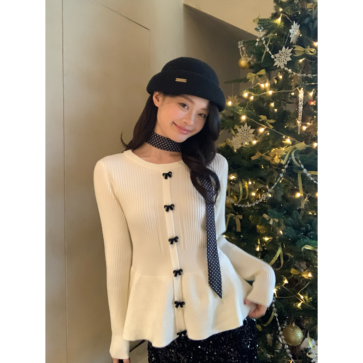 新款女装长袖针织衫圆领坑条蝴蝶结装饰设计感时尚气质毛衣G6-66