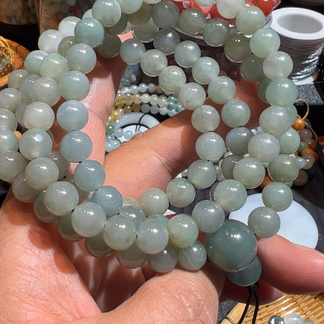 定制翡翠未镶嵌108粒大卡蓝水项链