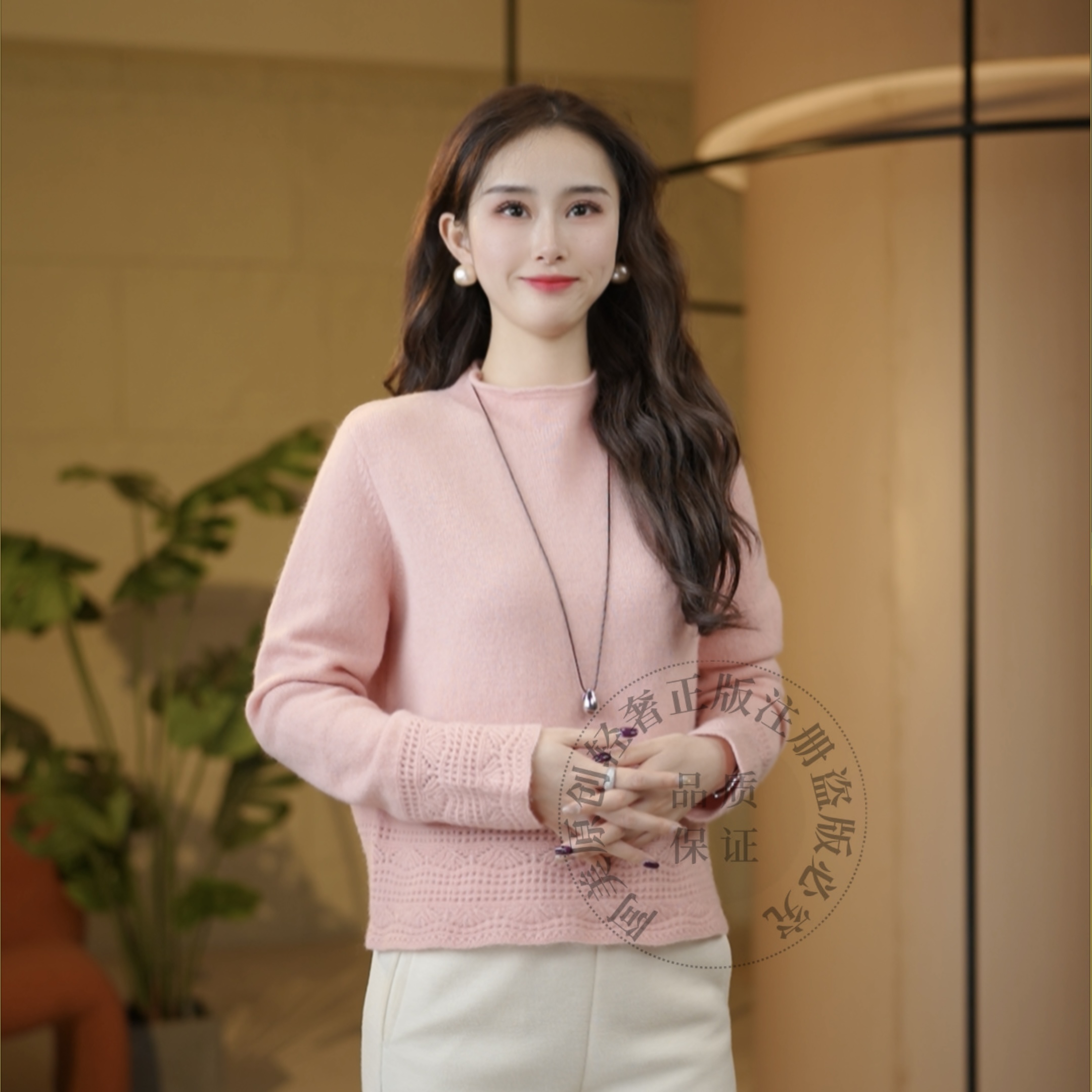 （百分百全羊毛）重磅加厚钩花设计高级宽松显瘦半高领上衣1599380