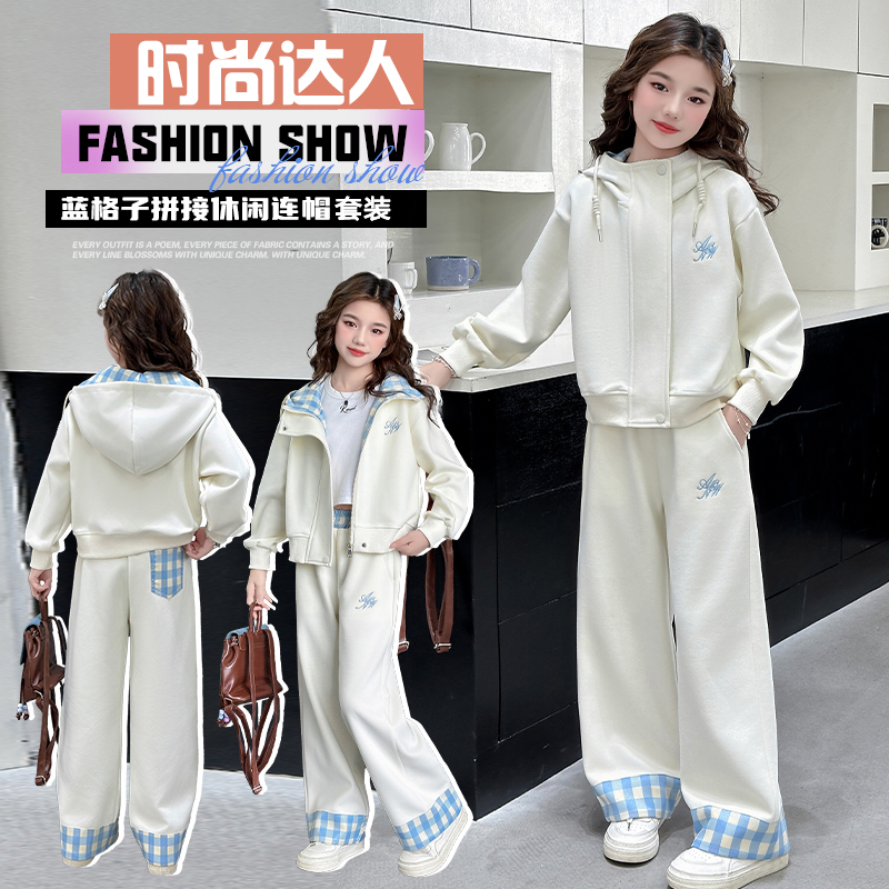 女童套装2025新款春秋款中大童韩版连帽开衫套装休闲洋气阔脚裤潮