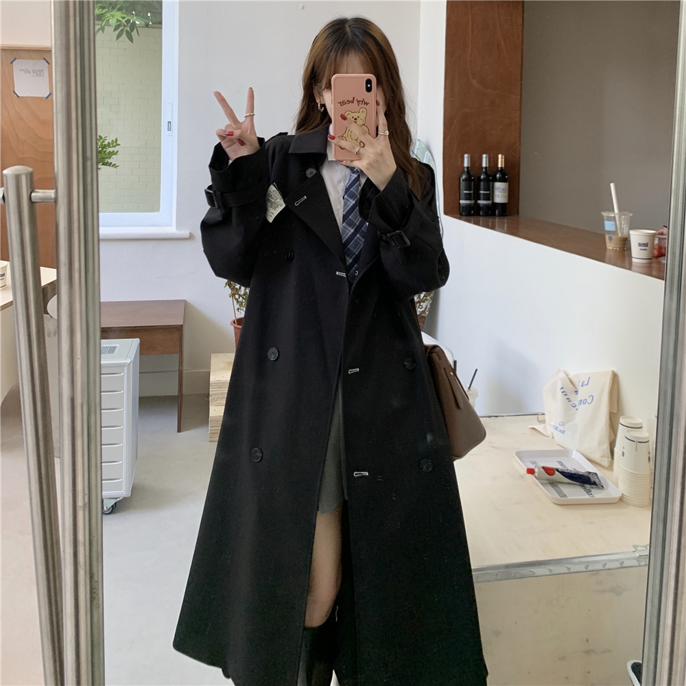 【柒教瘦推荐】胖MM黑色风衣女秋季双排扣方领外套小个子中长款上衣