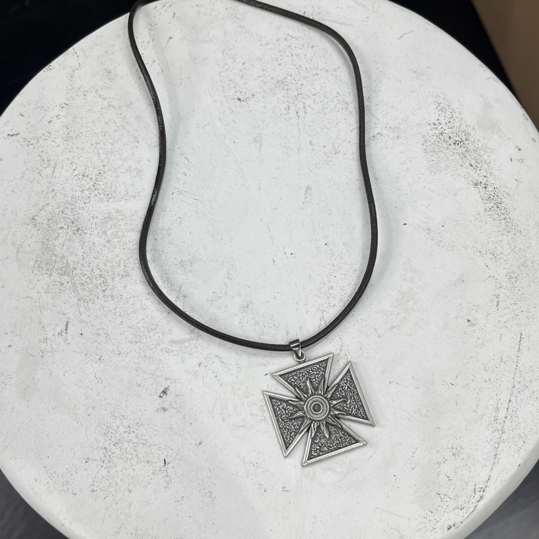 吊坠925银 RTD/纯银电镀中古银铁十字架项链小众男女真牛皮项链