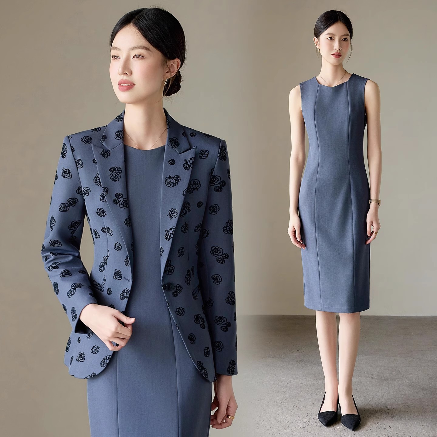 灰色西装外套女2025春秋新款播音艺考主持正装长袖西服连衣裙套装