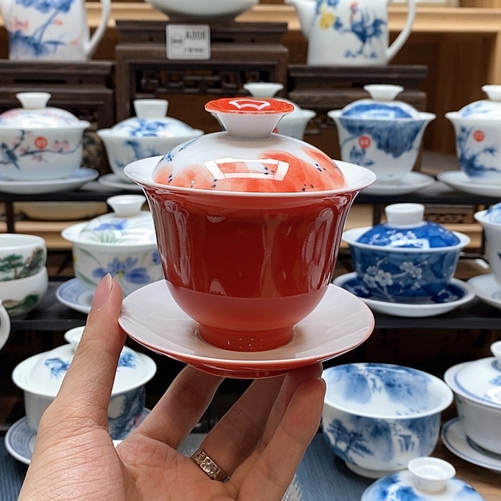手绘龙船花160cc盖碗釉下彩微瑕福利款