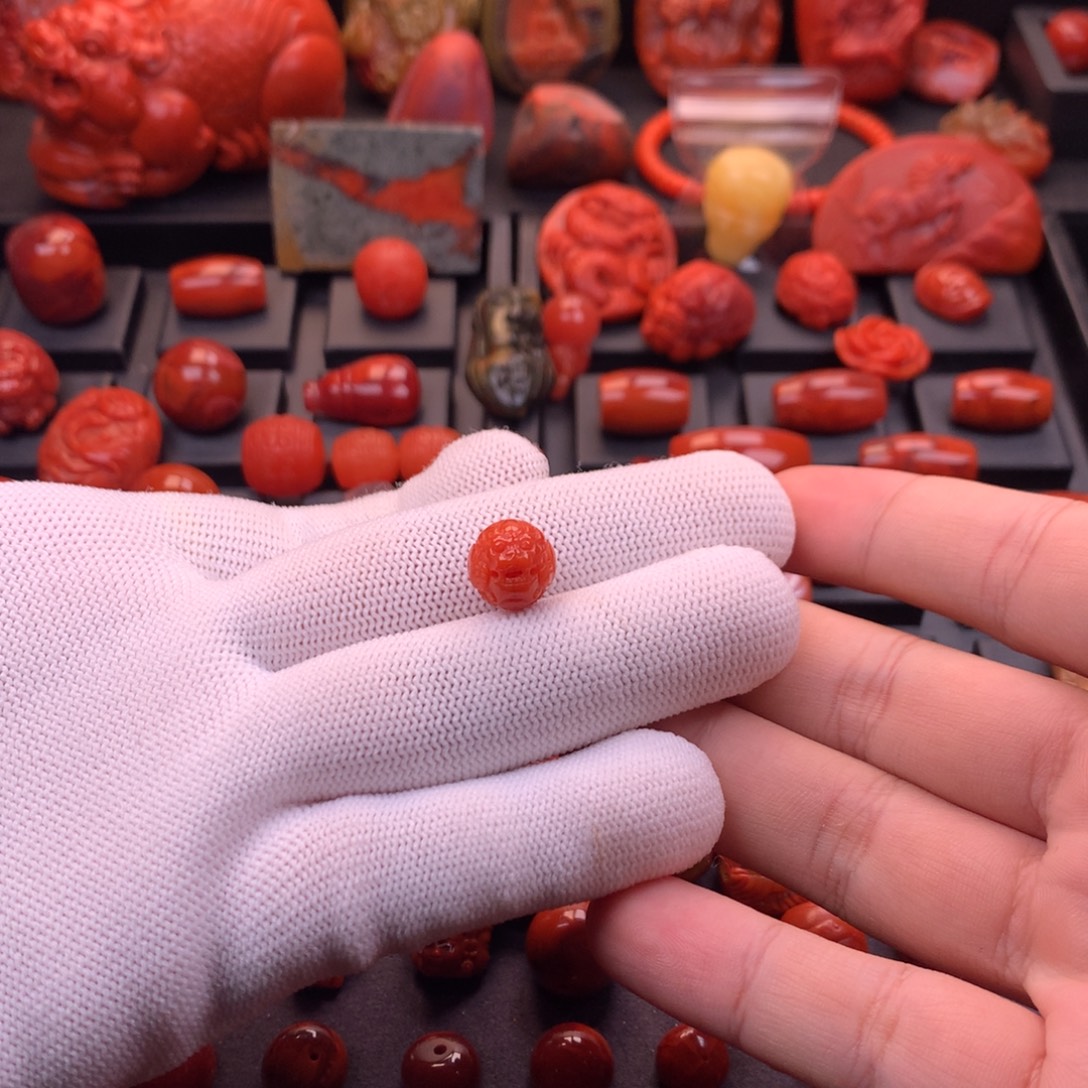 南红玛瑙未镶嵌精工雕刻满色满肉柿子红圆珠单珠11.3mm