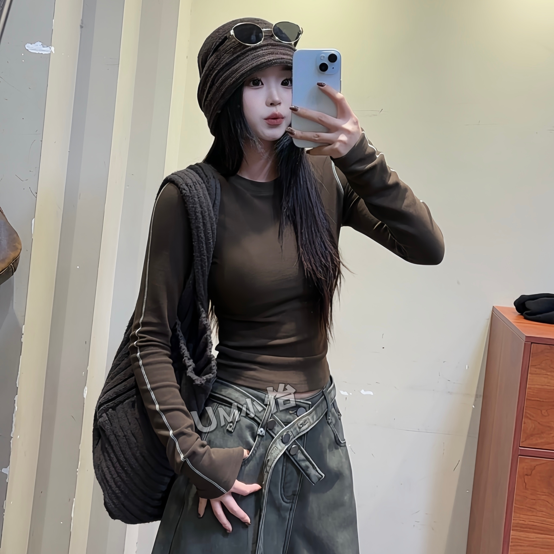 鑫怡定制 【可可线条】冬季新款修身显瘦设计感双面绒磨毛打底上衣