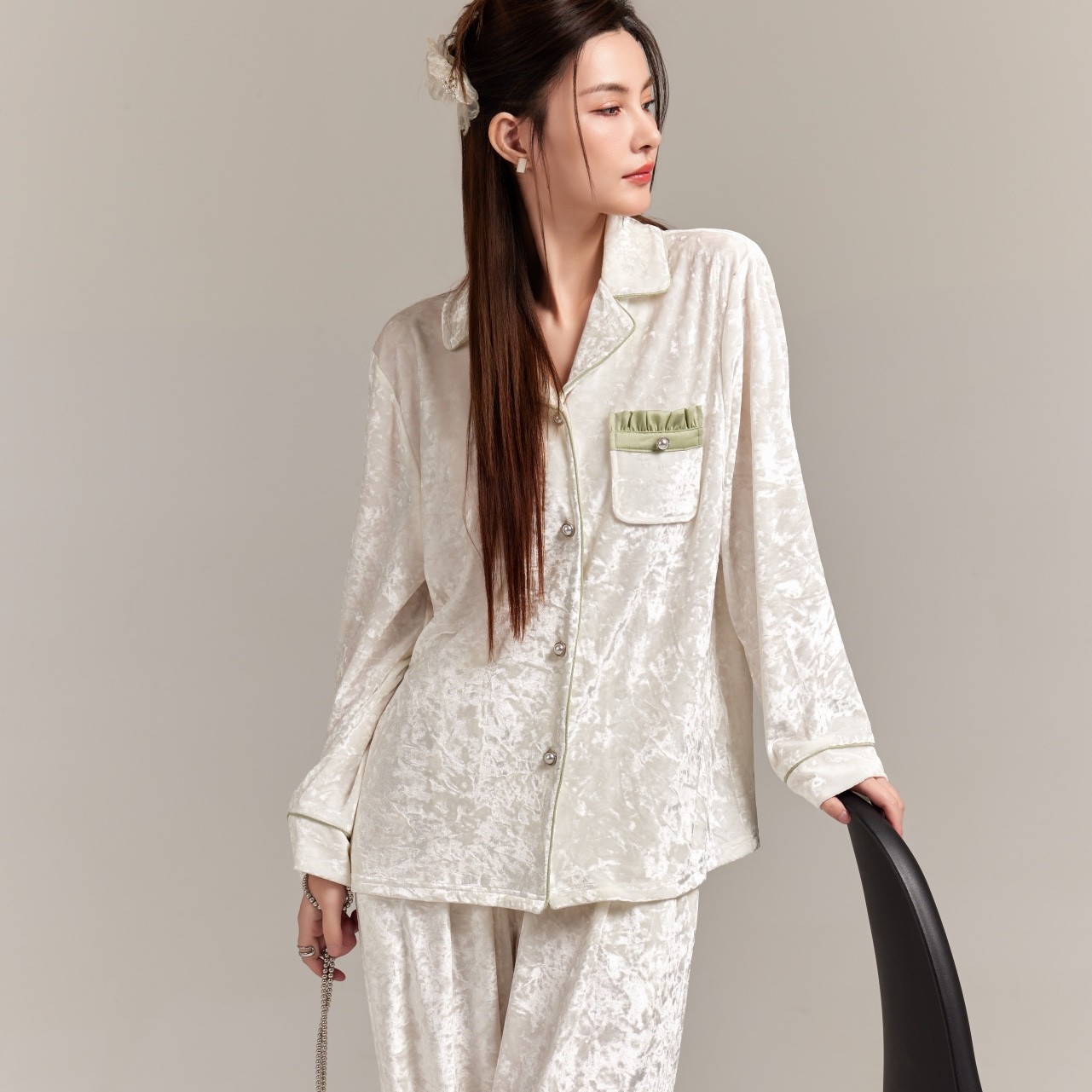 QM正品睡衣女秋冬季金钻绒金丝绒套装新中式国风高级感长袖家居服