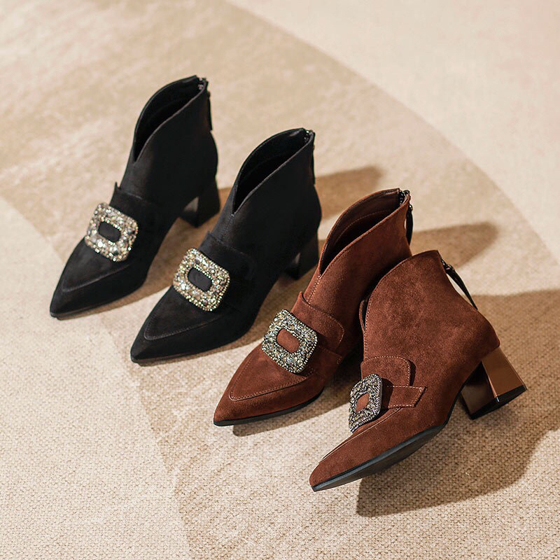 韩版复古后拉链秋季新款短靴百搭高帮鞋胶黏车缝线尖头粗跟女靴