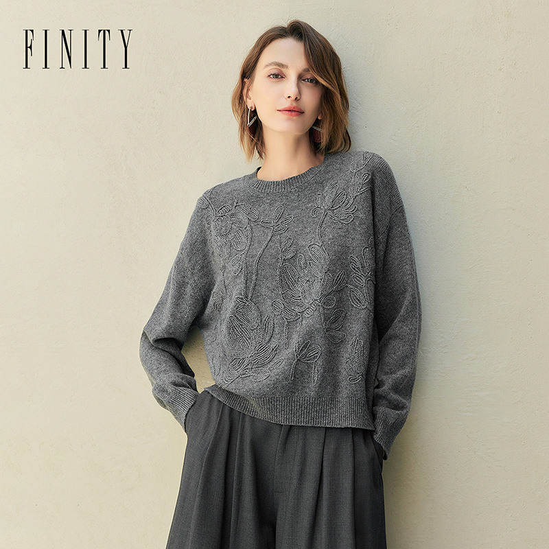 FINITY菲妮迪新款灰色时尚气质毛针织衫女显瘦百搭时尚上衣