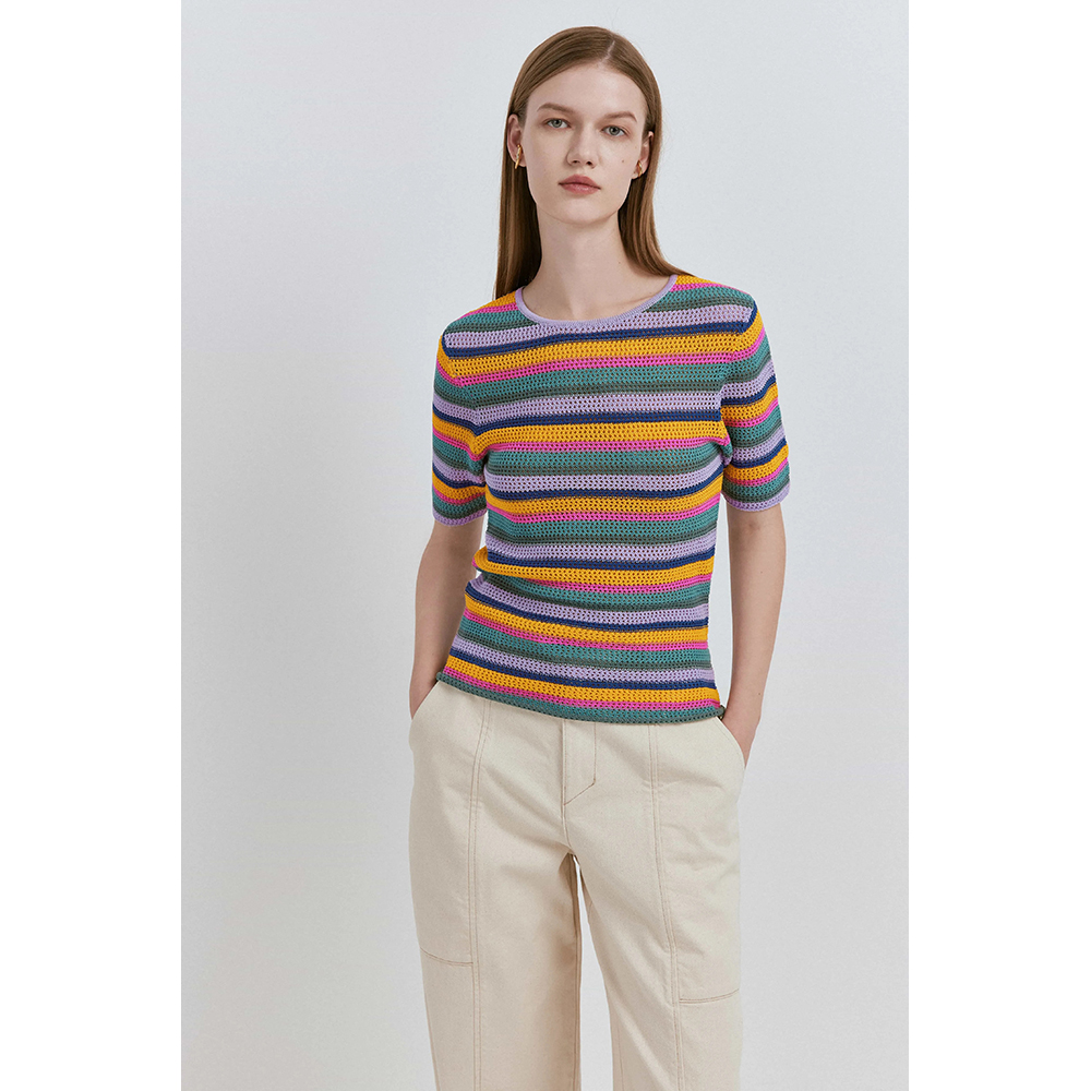 【Fabrique】撞色条纹短袖针织衫新款时尚拼色上衣女士毛衣针织衫