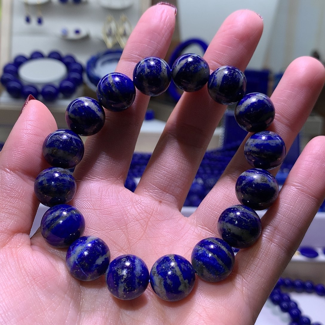 而***青金石未镶嵌天然原矿青花瓷圆珠手串13m+