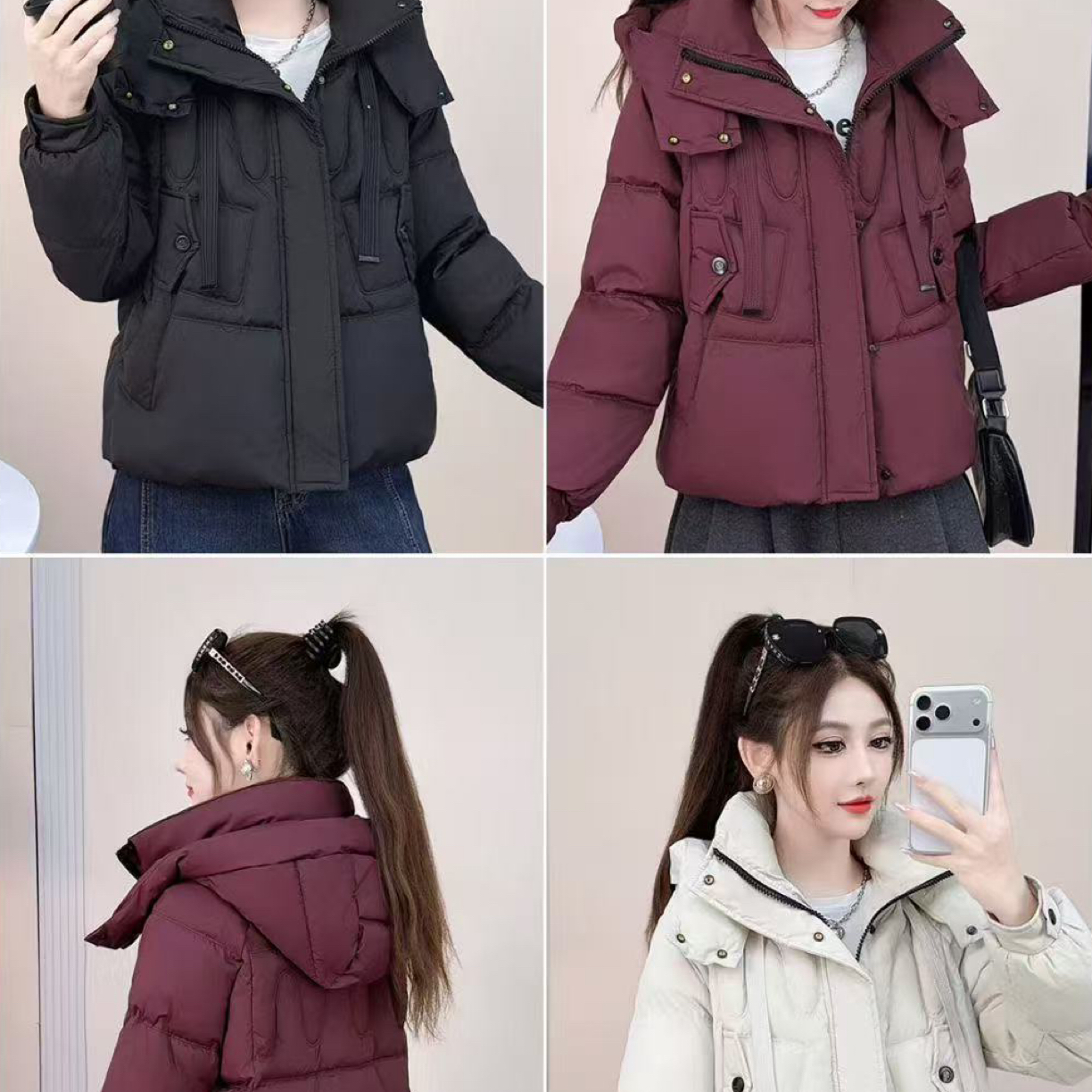 宜美多家 时尚纯色连帽修身中长羽棉外套8801