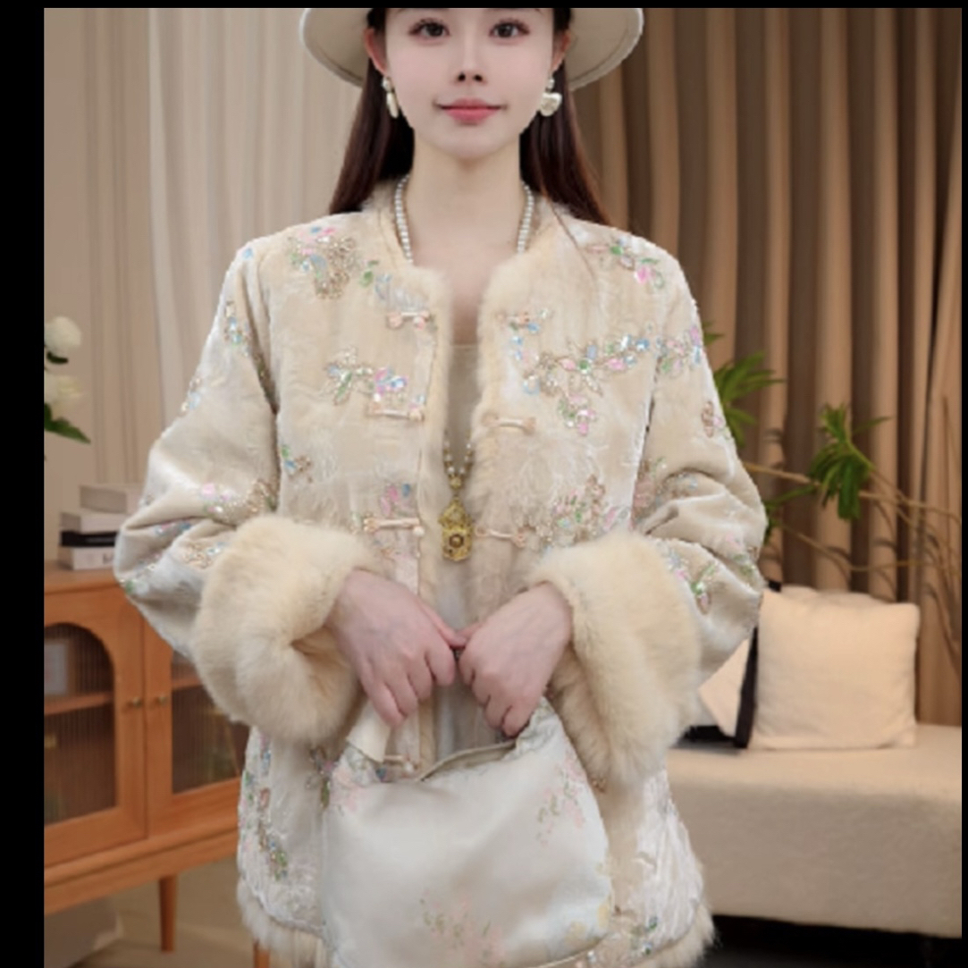 【白玉】重工冬季双面双穿厚款新中式国风兔毛保暖上衣外套1948