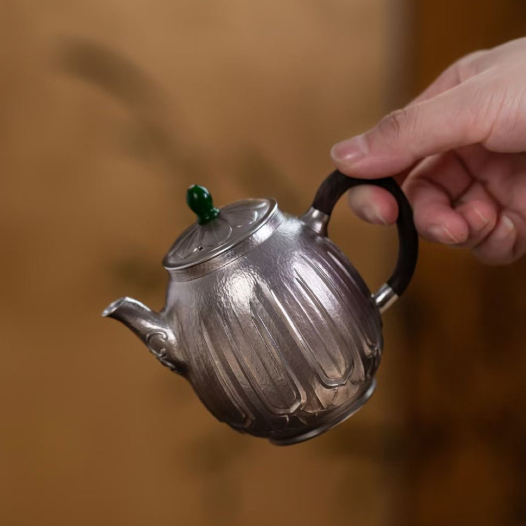 复古家用功夫茶小容量手工泡壶莲心茶具纯手工木把雕刻纯银泡茶壶