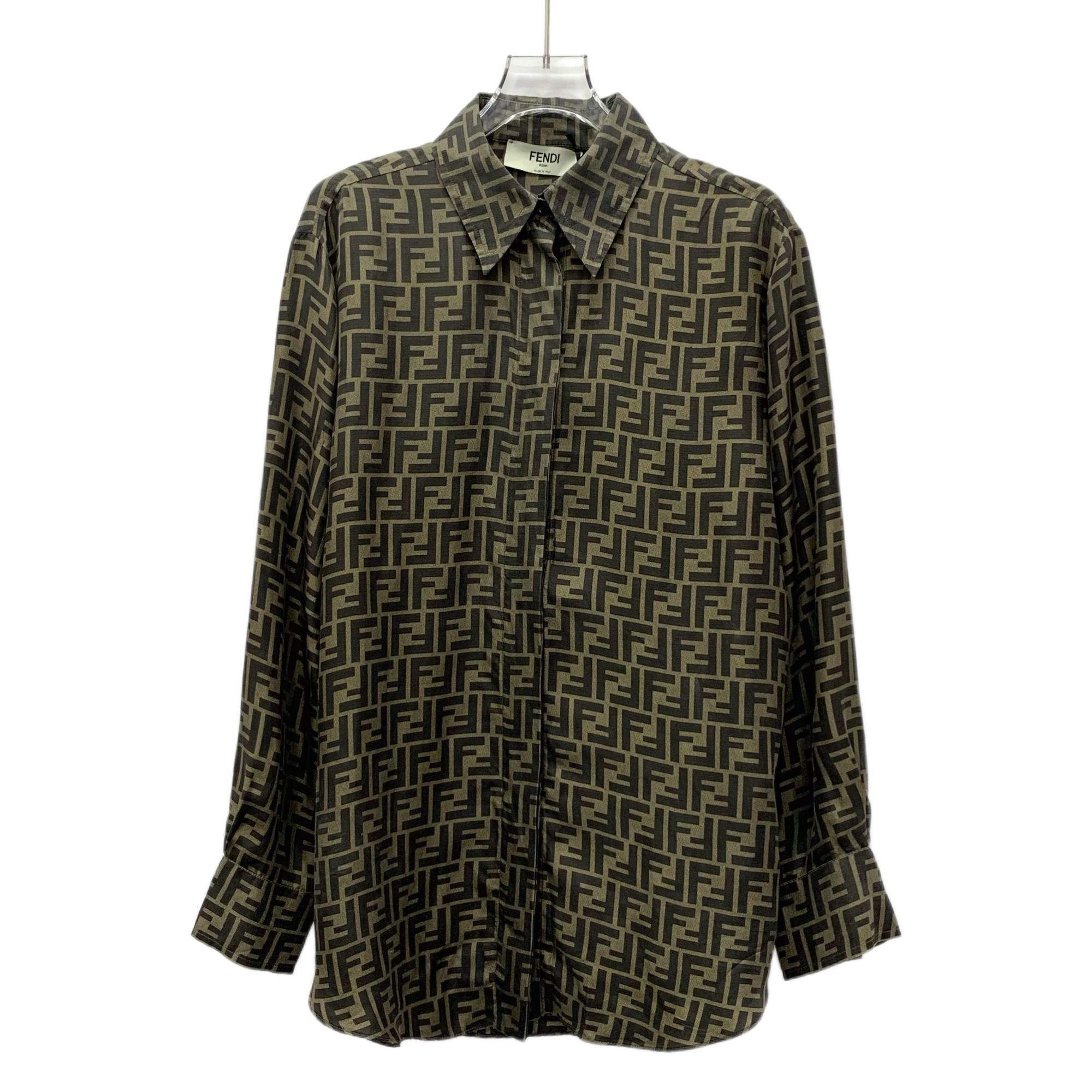 95新 FENDI/芬迪 HW0898 深棕色logo满印桑蚕丝长袖衬衫 40 M码