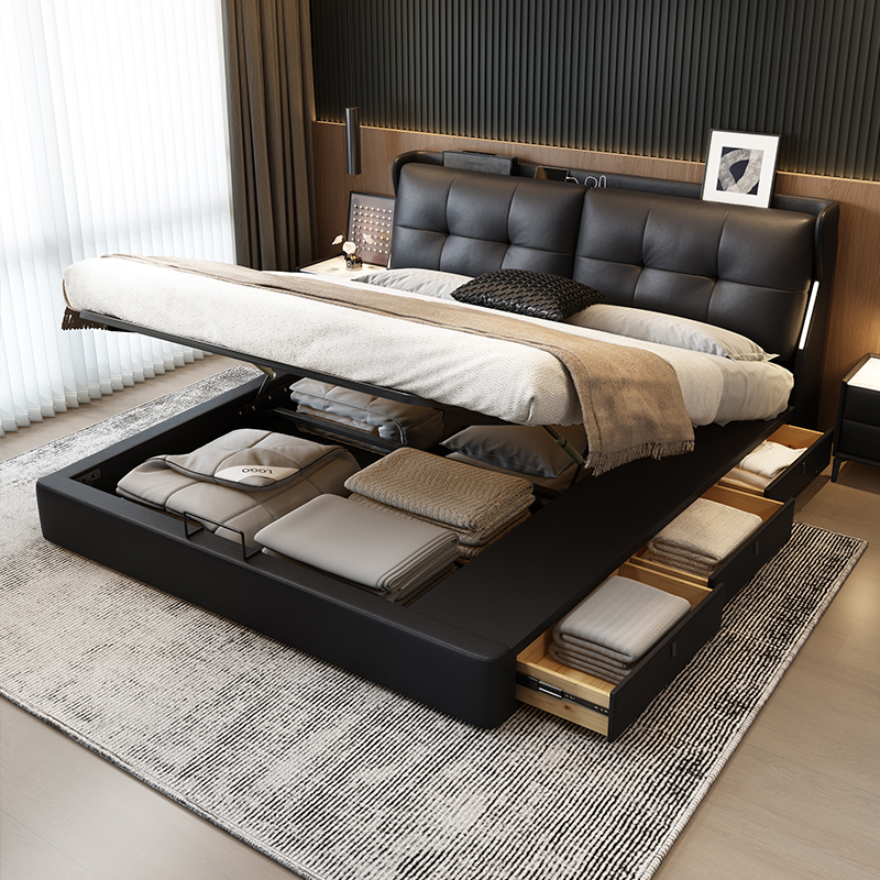 【带USB充电+氛围灯带】极简功能齐边储物床真皮软包床高档主