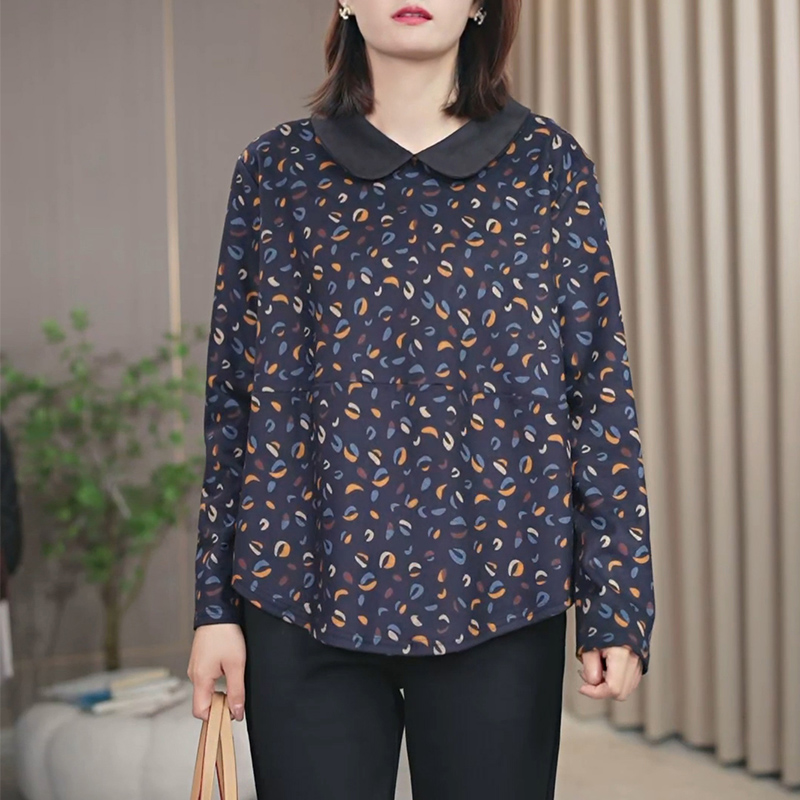 8299火袖时尚秋冬新款娃娃领绒面印花百搭显瘦中老年长袖上衣