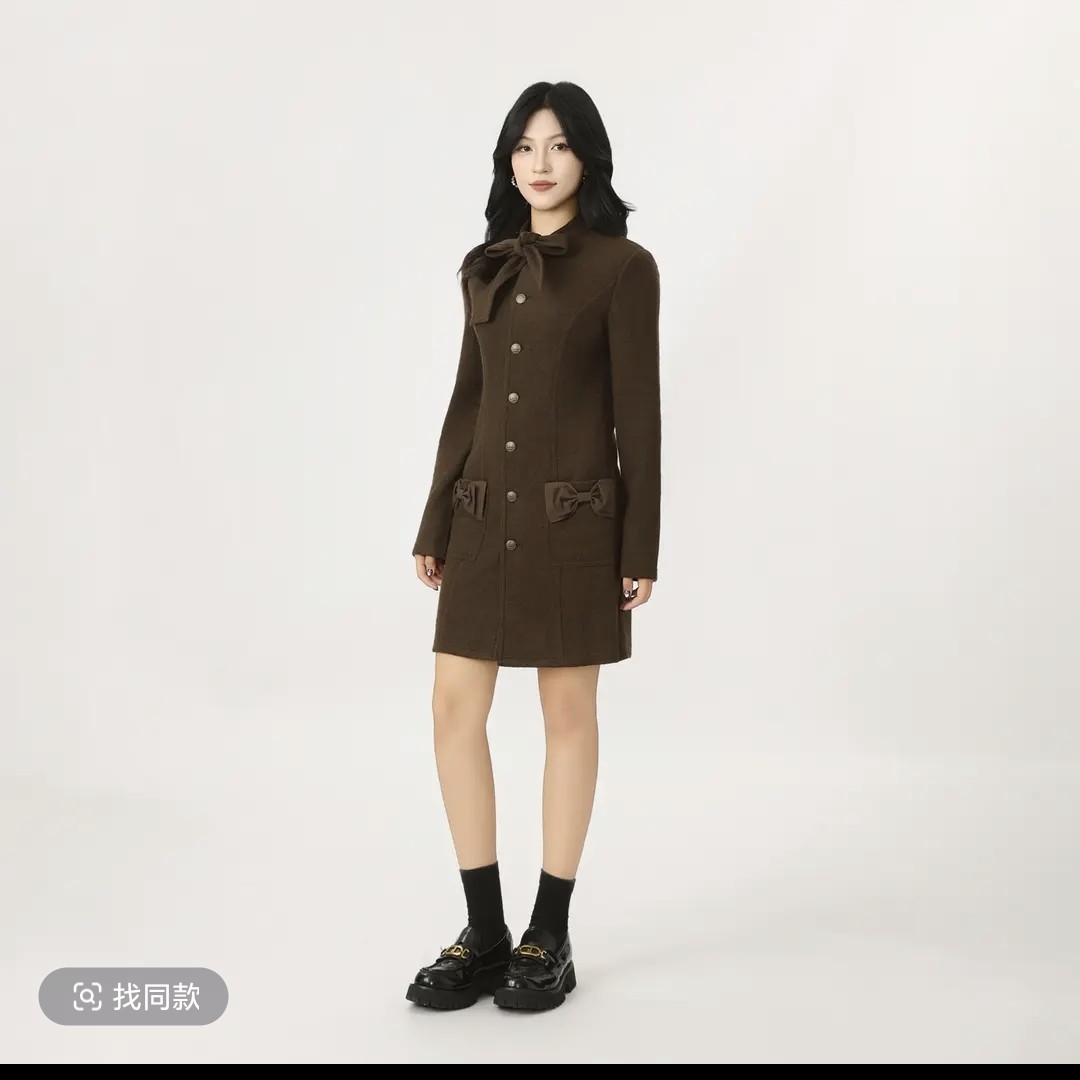 GIRDEAR/哥弟秋冬新款千金气质小香风蝴蝶结羊毛呢连衣裙女140073